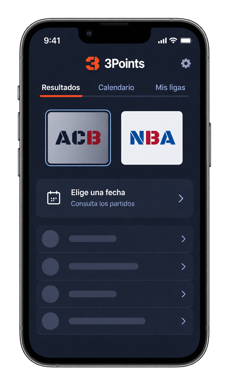 Vista ilustrativa de 3Points: resultados y calendario de baloncesto en un iPhone.